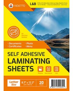 [violetto] (20 sheets) self adhesive laminating sheets, self-seal, no machine needed, self sealing, 8.5 x 11 inch