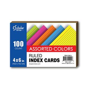 ischolar index cards, assorted colored, ruled, 4 x 6 inches, 100 card pack (04616)