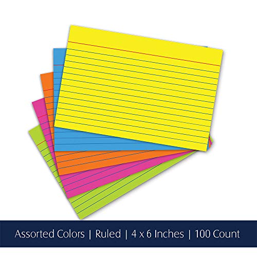 iScholar Index Cards, Assorted Colored, Ruled, 4 x 6 Inches, 100 Card Pack (04616)