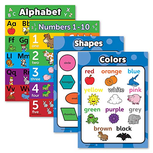 Palace Learning 4 pack - ABC Alphabet + Numbers 1-10 + Shapes + Colors Poster Set - Toddler Educational Charts (LAMINATED, 18" x 24")