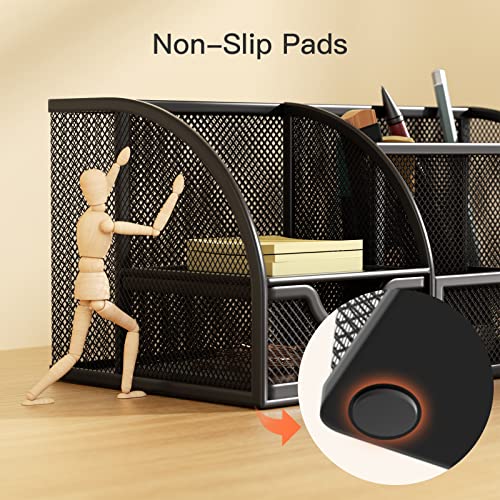 Pipishell Mesh Desk Organizer Multifunctional Desktop Organizer Office Supplies Holder with 6 Compartments and 1 Drawer for Home Office School Classroom