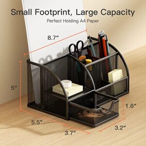 Pipishell Mesh Desk Organizer Multifunctional Desktop Organizer Office Supplies Holder with 6 Compartments and 1 Drawer for Home Office School Classroom