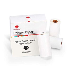 phomemo white self-adhesive thermal paper, glossy printable sticker paper for phomemo m02/m02 pro/m02s/m03 bluetooth pocket mobile printer, black on white, 50mm x 3.5m, diameter 30mm, 3-rolls