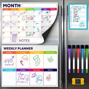 magnetic dry erase whiteboard calendar for fridge set of 3 – includes: monthly, weekly & daily calendar whiteboard, grocery list, 5 markers & eraser – perfect calendar to get organized every day