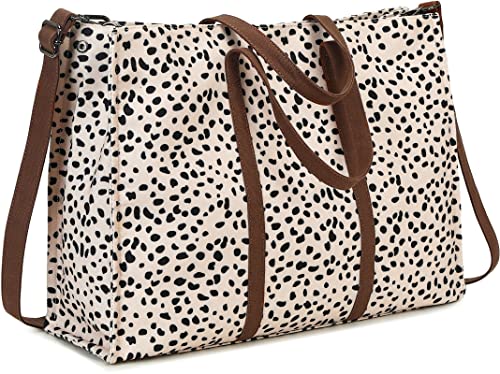 Laptop Tote Bag for Women Work Shoulder Bags 15.6 inch Canvas Laptop Computer Purse Messenger Teacher Handbag Business Office Briefcase (Leopard - Apricot)
