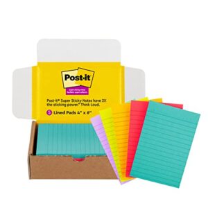 post-it super sticky notes, 4×6 in, 5 pads/pack, 90 sheets/pad, amazon exclusive bright color collection, aqua splash, acid lime, sunnyside, guava and iris infusion