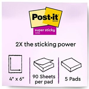 Post-it Super Sticky Notes, 4x6 in, 5 Pads/Pack, 90 Sheets/Pad, Amazon Exclusive Bright Color Collection, Aqua Splash, Acid Lime, Sunnyside, Guava and Iris Infusion
