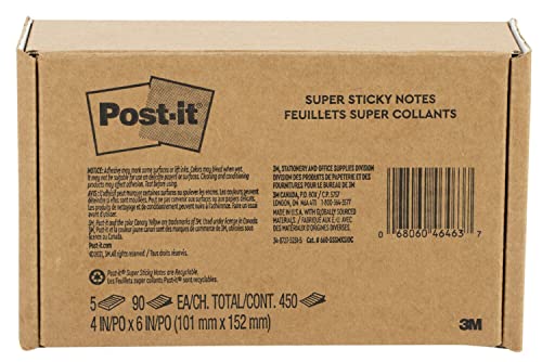 Post-it Super Sticky Notes, 4x6 in, 5 Pads/Pack, 90 Sheets/Pad, Amazon Exclusive Bright Color Collection, Aqua Splash, Acid Lime, Sunnyside, Guava and Iris Infusion