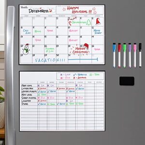 magnetic dry erase calendar and chores chart bundle for fridge: 2 boards included 17×12″ – 6 fine tip markers and large eraser with magnets | magnetic chore chart – chore board for kids and adults