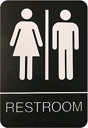 CORKO MANUFACTURING Unisex Braille Restroom Sign - Comes with Graphical Symbols and Double Sided 3M Tape to Secure Perfectly in Less Than a Minute - Size 9 x 6 Inch | Black