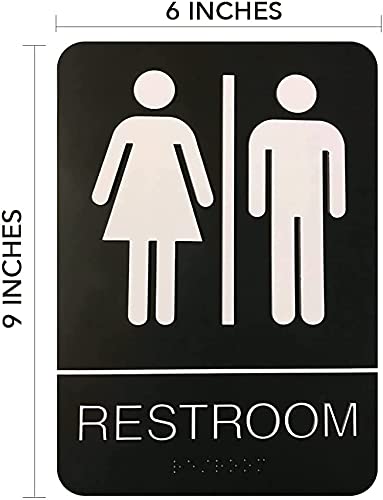 CORKO MANUFACTURING Unisex Braille Restroom Sign - Comes with Graphical Symbols and Double Sided 3M Tape to Secure Perfectly in Less Than a Minute - Size 9 x 6 Inch | Black