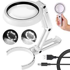 30x 10x magnifying glass with light and stand, foldable handheld magnifying glass & 2 level dimmable for close work, powered by battery or usb