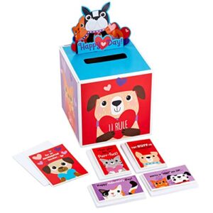 hallmark valentines day cards for kids and pop up mailbox for classroom exchange, cats and dogs (1 box, 32 valentine cards, 1 teacher card)