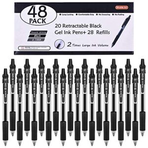 shuttle art black gel pens, 48 pack(20 gel pens with 28 refills) retractable medium point rollerball gel ink pens smooth writing with comfortable grip for office school home work