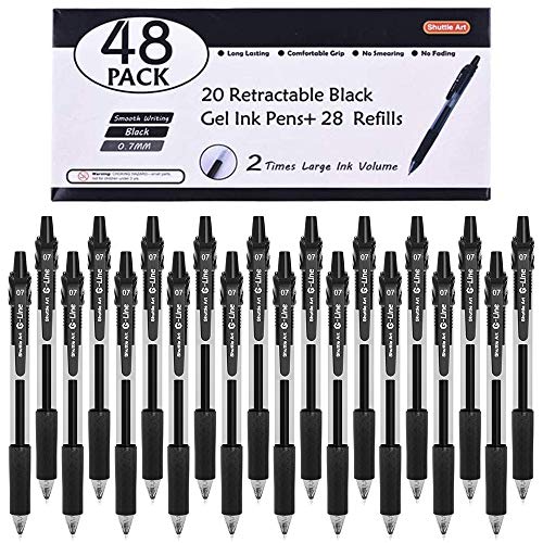 Shuttle Art Black Gel Pens, 48 Pack(20 Gel Pens with 28 Refills) Retractable Medium Point Rollerball Gel Ink Pens Smooth Writing with Comfortable Grip for Office School Home Work