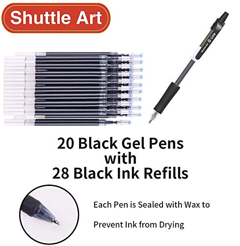 Shuttle Art Black Gel Pens, 48 Pack(20 Gel Pens with 28 Refills) Retractable Medium Point Rollerball Gel Ink Pens Smooth Writing with Comfortable Grip for Office School Home Work