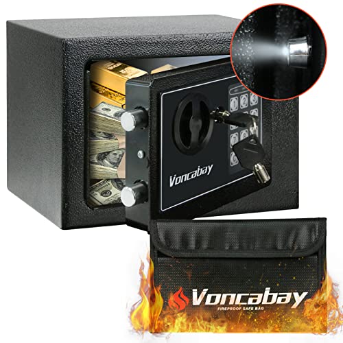 Voncabay Money Safe Box for Home with Sensor Light & Fireproof Money Bag for Cash Safe, Security Safe Box for Money Safe with Keys & Pass Code, Lock Box Fireproof Safe with Digital Keypad