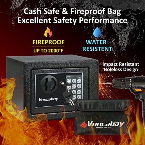 Voncabay Money Safe Box for Home with Sensor Light & Fireproof Money Bag for Cash Safe, Security Safe Box for Money Safe with Keys & Pass Code, Lock Box Fireproof Safe with Digital Keypad