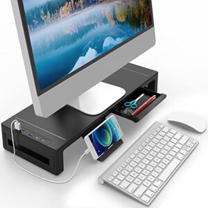 aqqef desktop monitor stand with drawer, monitor stand riser with storage,laptop and computer monitor shelf with usb3.0 data port and type-c charging port for imac,printer (black with usb)