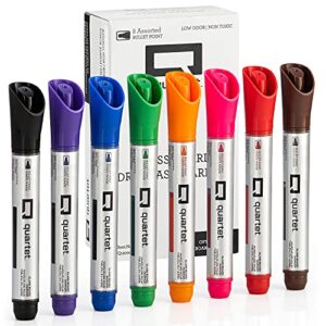 glass dry erase markers by quartet, bullet tip, assorted colors 8 pack, great erasable glass whiteboard markers for clear, white window & glass board markers for teachers & home school.