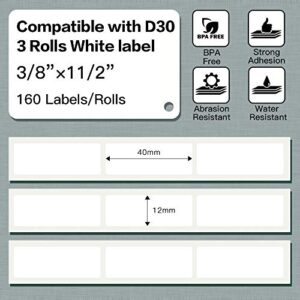 Phomemo D30 Thermal self-Adhesive Label, 3/8" X 1 1/2" (12mm X 40mm) 160 Labels/Roll, Compatible with Phomemo D30 Label Printer, Suitable for Home, Office, School, Black on White, 3 Roll