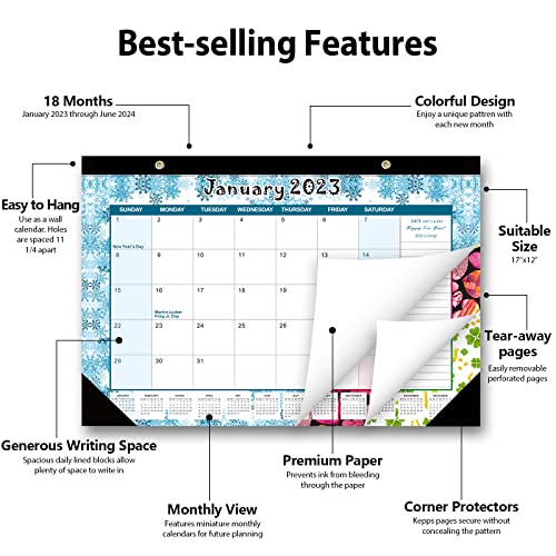 Desk Calendar 2023: Monthly Pages 17 x 11-1/2 Inches Runs from January 2023 to June 2024 - 18 Monthly Calendar with Corner Protectors for School, Home and Office