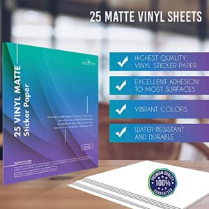 Premium Printable Vinyl Sticker Paper for Your Inkjet and Laser Printer – 25 Matte White Waterproof Decal Paper Sheets - Dries Quickly and Holds Ink Beautifully - Accessories Set for Cricut