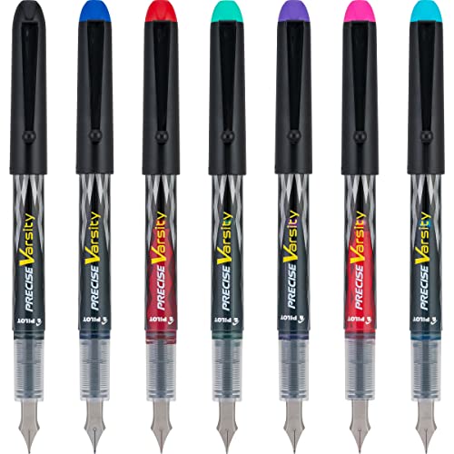 PILOT Pen 90029 Precise Varsity Pre-Filled Fountain Pens, Medium Point Stainless Steel Nib, Black/Blue/Red/Pink/Green/Purple/Turquoise, 7-Pack Pouch