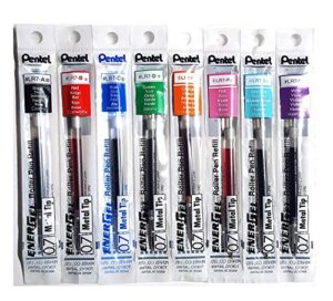 pentel lr7 refills for energel gel pen, 0.7mm metal tip – set of 8 colors – black, blue, red, green, orange, pink, sky blue & violet – supplied loose