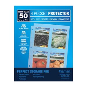 samsill 50 pack 4 pocket garden seeds storage clear sheet protectors, card protectors, each pocket measures 3.5″ x 5.25″, fits in standard 3 ring binder