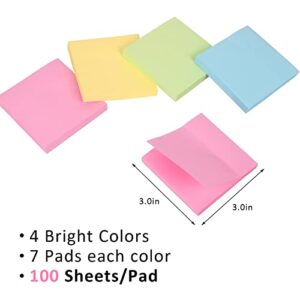 Sticky Notes 3x3 Inches Bulk 28 Pack 2800 Sheets Colored Self-Stick Pads, 100 Sheets/Pad, 4 Bright Colors (Yellow, Green, Pink, Blue) for Office Supplies, School, Home
