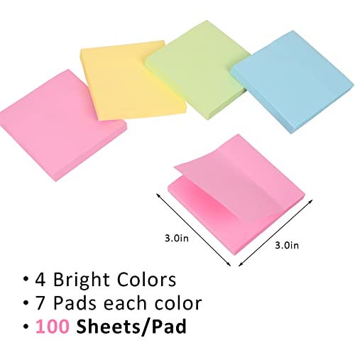 Sticky Notes 3x3 Inches Bulk 28 Pack 2800 Sheets Colored Self-Stick Pads, 100 Sheets/Pad, 4 Bright Colors (Yellow, Green, Pink, Blue) for Office Supplies, School, Home