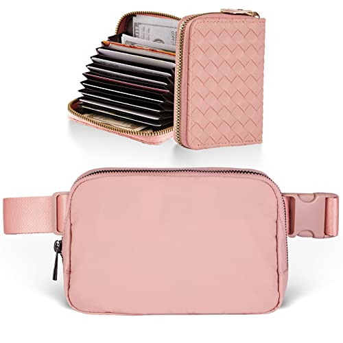 Everywhere Belt Bag with Card Holder Wallet for Women, Fanny Pack Crossbody Bags with Longer-length Adjustable Strap, Unisex Fashion Waist Packs for Workout Travelling Running (Pink)