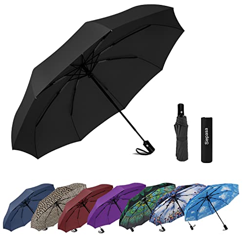 SIEPASA Windproof Travel Compact Umbrella, 8-Ribs Anti-UV Waterproof Folding Umbrella with Telfon Coating-One Button for Auto Open and Close. (Black)