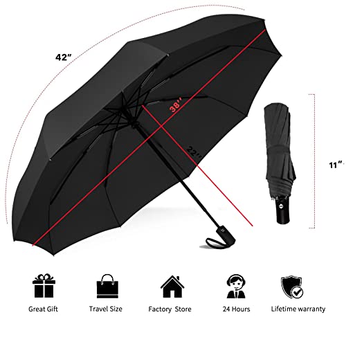 SIEPASA Windproof Travel Compact Umbrella, 8-Ribs Anti-UV Waterproof Folding Umbrella with Telfon Coating-One Button for Auto Open and Close. (Black)