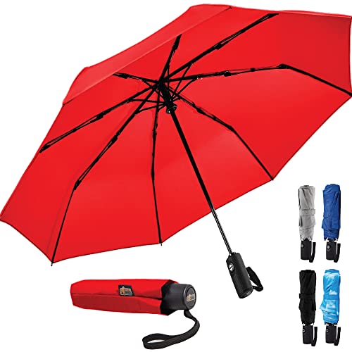 Gorilla Grip Compact Travel Umbrella for Rain, Windproof Reinforced Ribs, Teflon Coated, Portable, One-Click Automatic Open and Close, Collapsible and Lightweight Small Umbrella, 42 Inch, Red