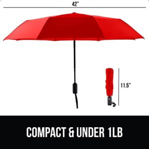 Gorilla Grip Compact Travel Umbrella for Rain, Windproof Reinforced Ribs, Teflon Coated, Portable, One-Click Automatic Open and Close, Collapsible and Lightweight Small Umbrella, 42 Inch, Red