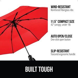 Gorilla Grip Compact Travel Umbrella for Rain, Windproof Reinforced Ribs, Teflon Coated, Portable, One-Click Automatic Open and Close, Collapsible and Lightweight Small Umbrella, 42 Inch, Red