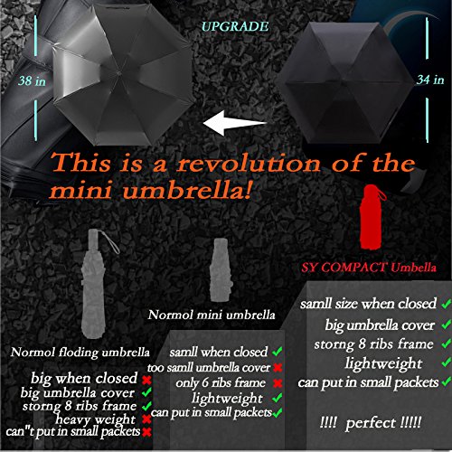 SY COMPACT Travel Umbrella - Lightweight Portable mini Compact Umbrellas (black)