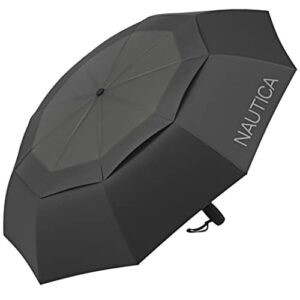 Nautica Navtech Black Folding Travel Umbrella - Large 42” Double-Vented Windproof Canopy, Automatic Open & Close, Compact & Portable Umbrella for Rain or Sun, Small Umbrella for Backpack, Car or Purse