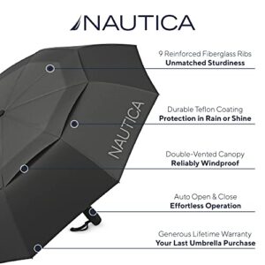 Nautica Navtech Black Folding Travel Umbrella - Large 42” Double-Vented Windproof Canopy, Automatic Open & Close, Compact & Portable Umbrella for Rain or Sun, Small Umbrella for Backpack, Car or Purse