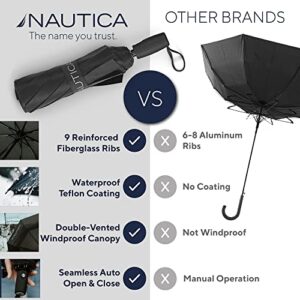 Nautica Navtech Black Folding Travel Umbrella - Large 42” Double-Vented Windproof Canopy, Automatic Open & Close, Compact & Portable Umbrella for Rain or Sun, Small Umbrella for Backpack, Car or Purse