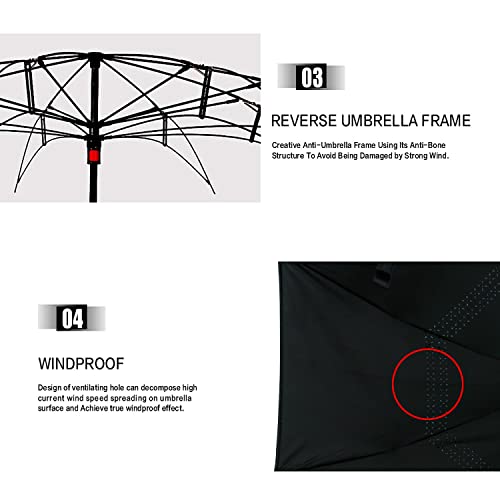 MRTLLOA Windproof Inverted Reverse Umbrella with UV Protection, C-Shaped Handle Double Layer Stick Umbrella for Rain (Black)