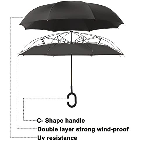 MRTLLOA Windproof Inverted Reverse Umbrella with UV Protection, C-Shaped Handle Double Layer Stick Umbrella for Rain (Black)