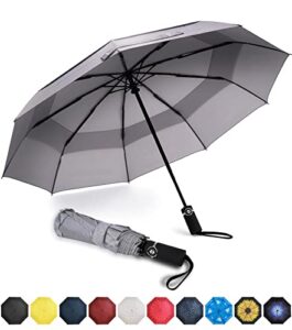 amazon brand – pinzon umbrella compact travel umbrellas strong durable windproof umbrella for rain portable umbrella with teflon coating – reinforced canopy, ergonomic handle, auto open/close – grey