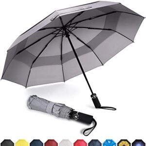 Amazon Brand - Pinzon Umbrella Compact Travel Umbrellas Strong Durable Windproof Umbrella for Rain Portable Umbrella with Teflon Coating - Reinforced Canopy, Ergonomic Handle, Auto Open/Close - Grey