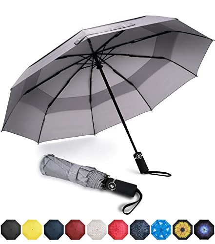 Amazon Brand - Pinzon Umbrella Compact Travel Umbrellas Strong Durable Windproof Umbrella for Rain Portable Umbrella with Teflon Coating - Reinforced Canopy, Ergonomic Handle, Auto Open/Close - Grey