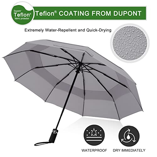 Amazon Brand - Pinzon Umbrella Compact Travel Umbrellas Strong Durable Windproof Umbrella for Rain Portable Umbrella with Teflon Coating - Reinforced Canopy, Ergonomic Handle, Auto Open/Close - Grey