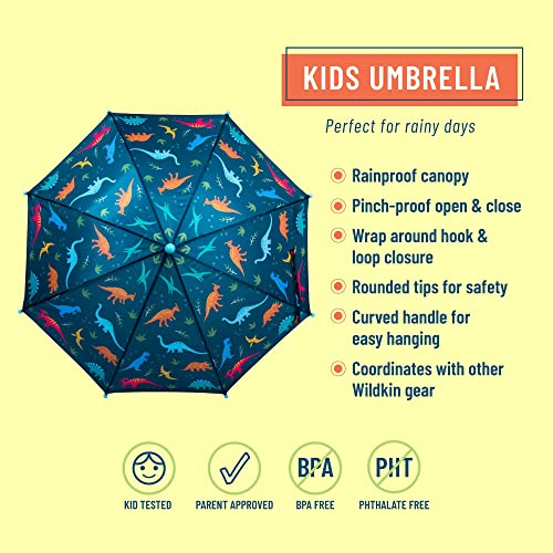 Wildkin Kids Umbrella for Boys & Girls, Features Rainproof Canopy and Curved Handle for Easy Hanging, Wrap Around Hook and Loop Closure Umbrella for Kids (Jurassic Dinosaurs)