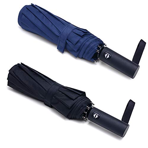 PFFY 2 Packs Travel Umbrella Windproof Auto Open & Close Collapsible Folding Small Compact 10 RIBS Backpack Car travel Essentials Purse Umbrellas for Rain Black+Blue